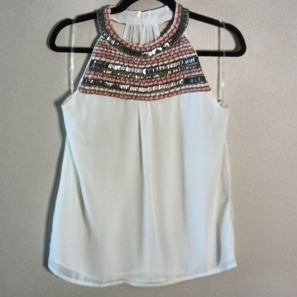 Zara Embellished Halter Top White Embroidered Beaded Blouse M